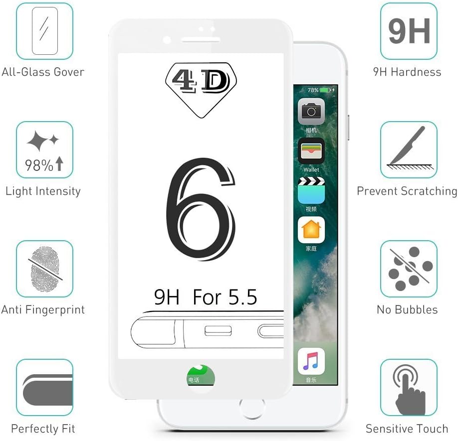 iPhone 6 6S Plus Screen Protector Tempered Glass Film 4D Edge To Edge Full Coverage Curve Protection Protectors by RICKI (iPhone 6 / 6S Plus White)