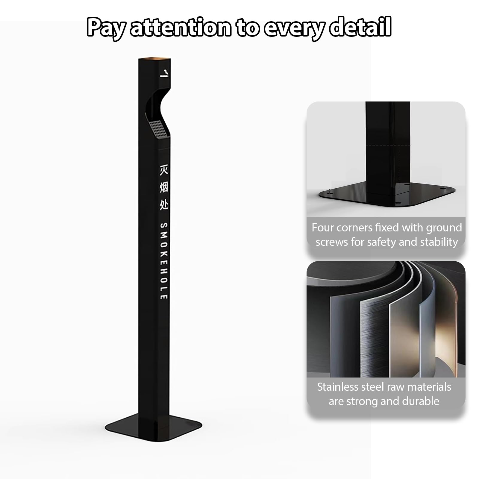 Posacenere da Esterno A Colonna,Posacenere verticale in acciaio inox,Base ispessita, staccabile, facile da pulire,per patio, cortile, esterno, interno.(Black)