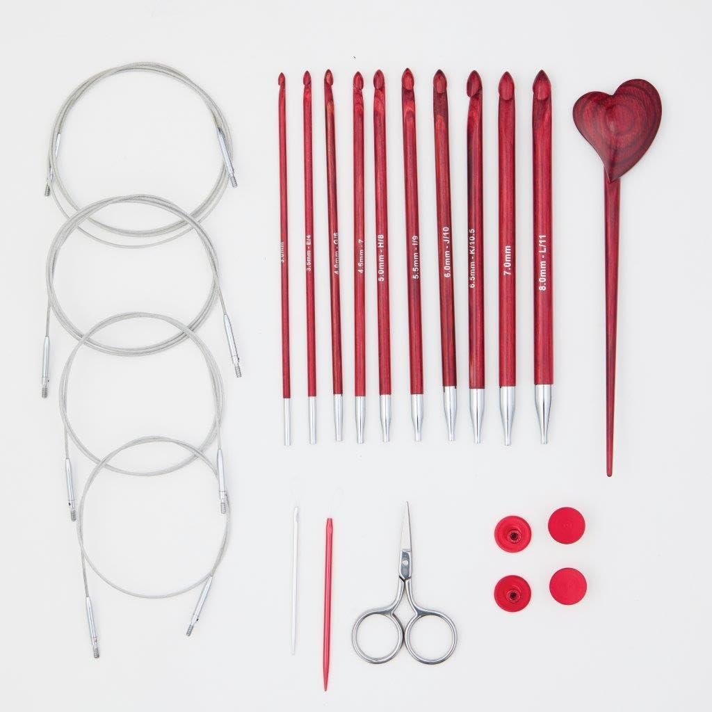 KnitPro Zestaw szydełek tunezyjskich/afgańskich – 10 gładkich drewnianych szydełek Amore, rozmiary 3–8 mm, szydełka jednostronne, 4 żyłki, 2 igły, nożyczki, szpilka do szala w zestawie