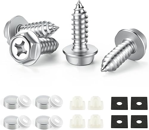 LivTee Tornillos inoxidables para placa, marcos y cubiertas de en automóviles y camiones, juego de 4 pernos con montaje autorroscantes de acero