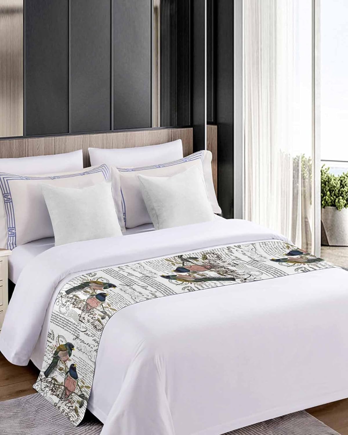 Old Newspaper Bed Runner Scarf Bedding Accessory for Queen Size Bed,Soft Bed Scarves and Runners Stainproof Bedroom Decor for Hotel Wedding Room,Animal Birds Antique English Newsprint 94"x20"