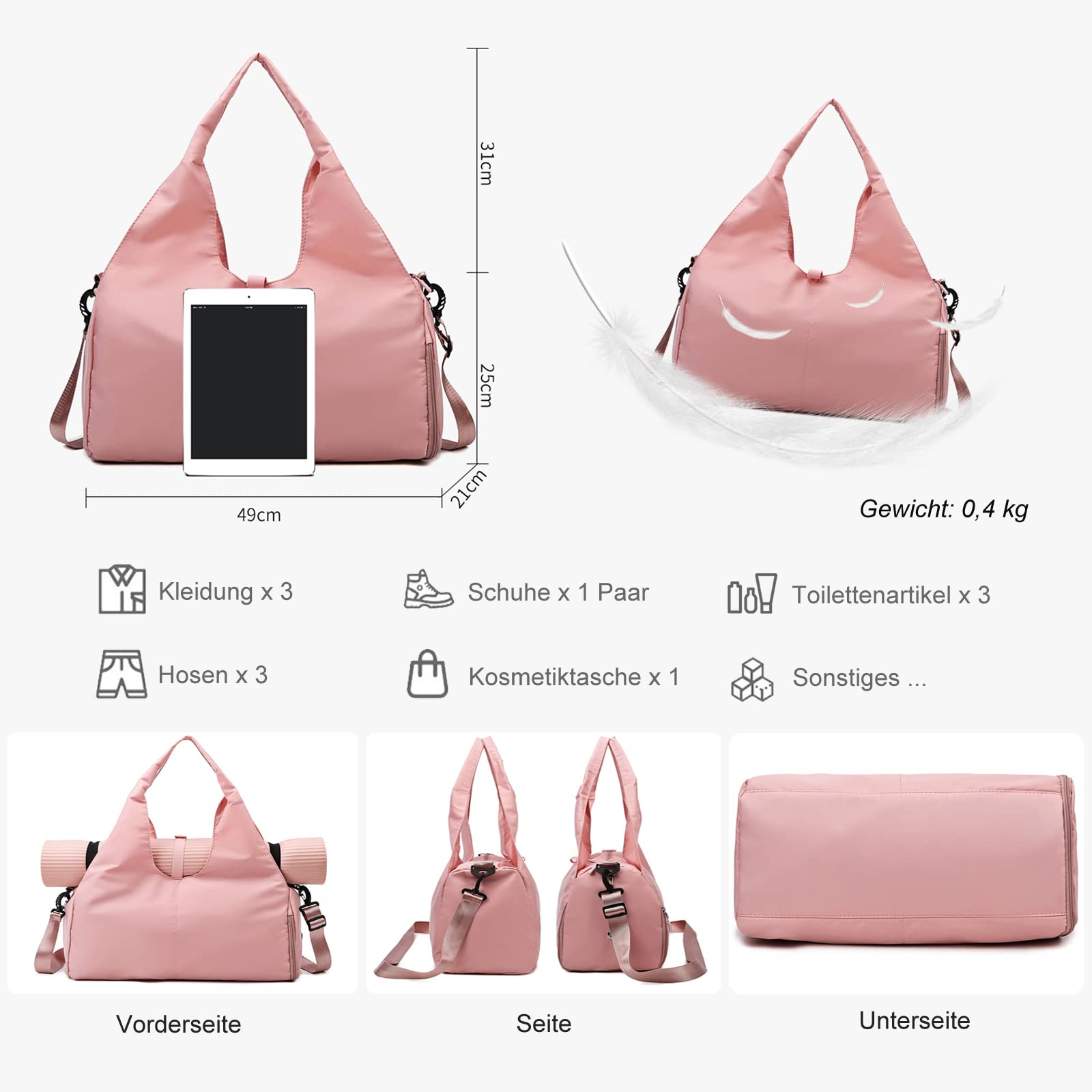 MOIY Waterdak Gymtas voor vrouwen met schoenenvak, weekendtassen voor vrouwen reizen, draagtas voor vliegtuig, neopreen reistas, yogamattas, reistas met bagagehoes, Zwart, Duffle Bag met afneembare