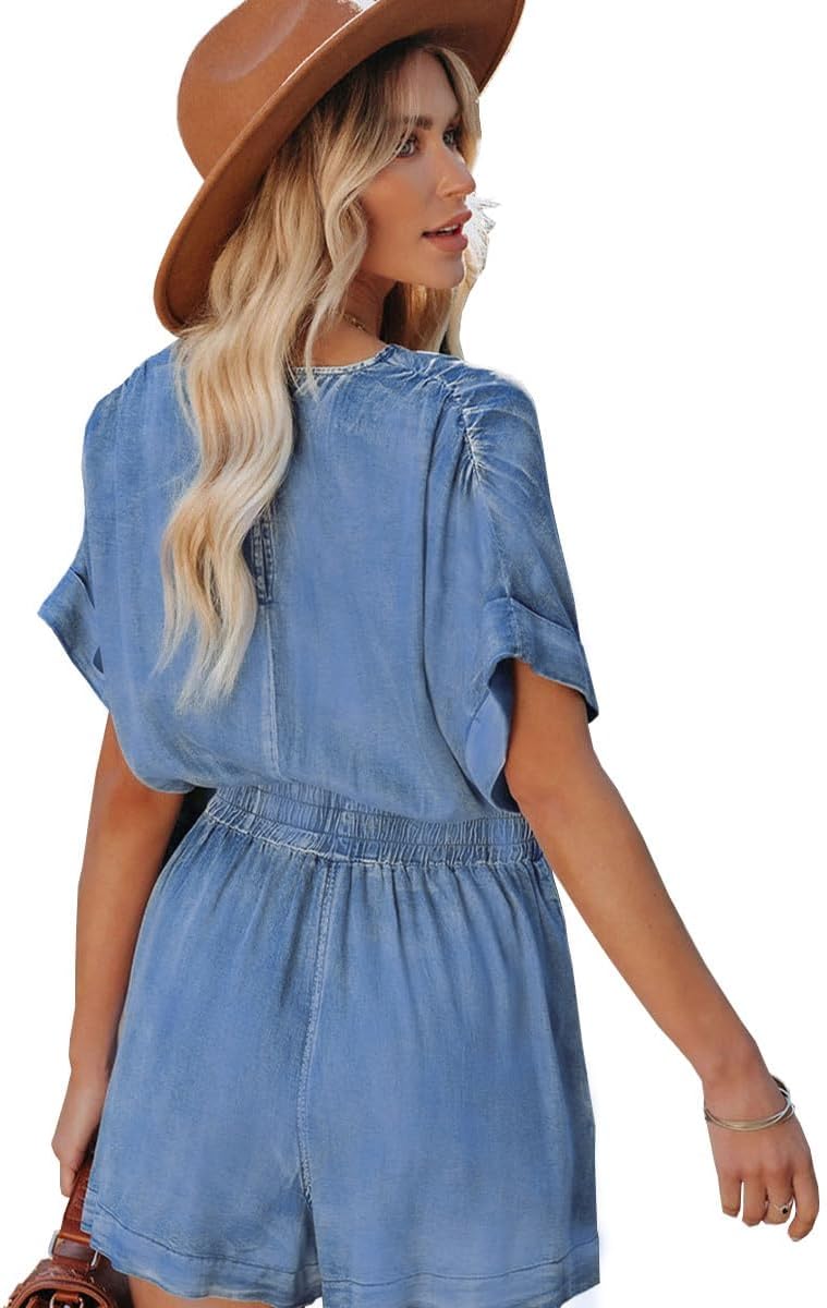 Women's Vintage V Neck Short Denim Jumpsuits Short Sleeve Distressed Summer Wide Leg Jean Jumpsuit Rompers Pockets - Image 3