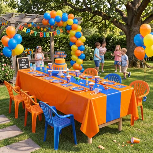Image of Oudain 6 Pcs Plastic Table Cloths Disposable 54 inch x 108 inch, Orange, Blue