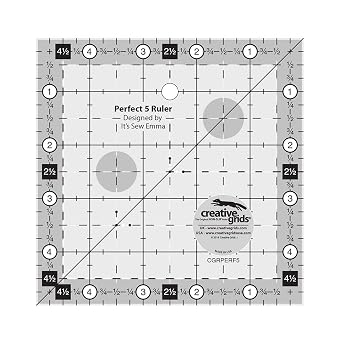 Creative Grids Perfect 5 Quilting Ruler 5in x 5in Square CGRPERF5 Made in USA, 5in x 5in, Non-Slip Grip Acrylic Quilting, Sewing, Crafting, Patchwork Ruler for Measuring & Cutting Fabric