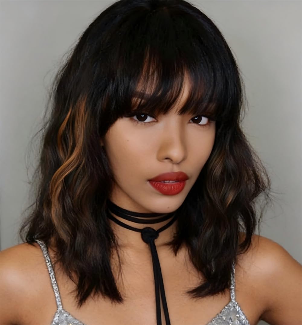 WAVE&BREEZE Black Mixed Brown Highlights Wigs for Black Women Short Wavy Curly Wig With Bangs Natural Looking Synthetic Hair Wigs Heat Resistant Fiber Wig for Daily Party
