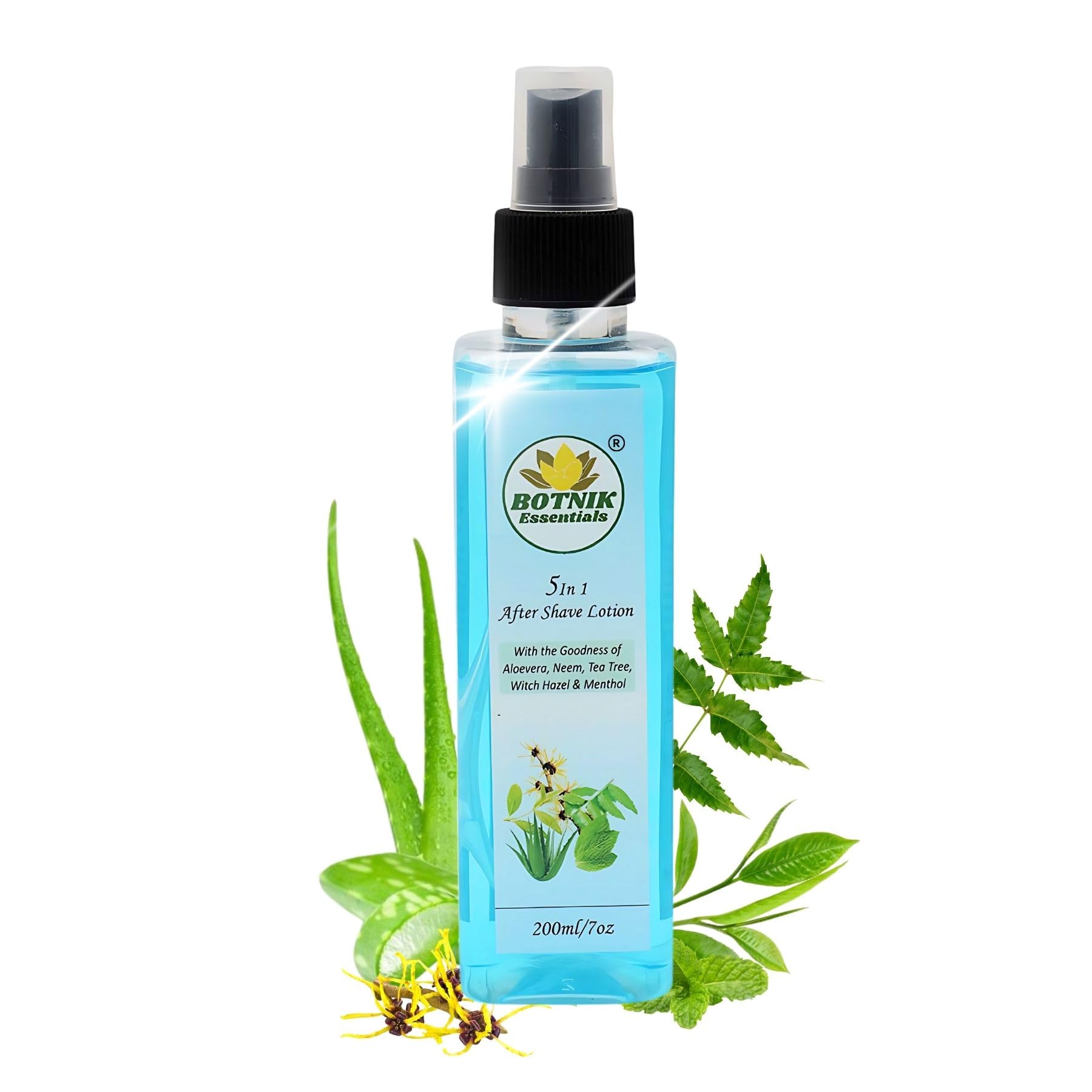 BOTNIK ESSENTIALS 5 in1 After Shave Lotion for Men- 200ML with Aloevera, Neem, Tea tree oil, Witch hazel & Menthol.