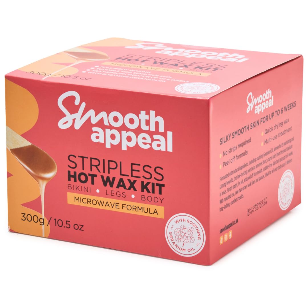Smooth Appeal Stripless HOT WAX Kit | Wax Pot Microwave Formula - No Strips Required | Quick-Drying & Peel-Off, Infused with Geranium Oil | Multi-Use Hair Removal | Salon-Quality At-Home Waxing | 300g