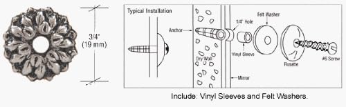 CRL Roseta de espejo de metal floral plateado antiguo de 3/4 pulgadas, paquete de 8 rosetas, arandelas y fundas de vinilo