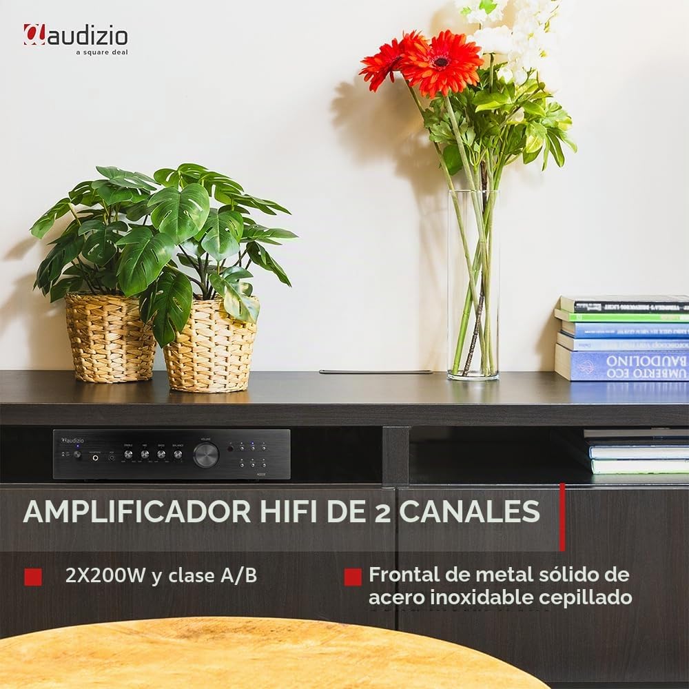 Audizio AD220B Amplificador estéreo Hi-FI de 400w y Bluetooth, 1 Salida subwoofer, Salida óptica y coaxial, 2 Salidas de Altavoz, MP3, EQ, Ideal para Ver peliculas o Escuchar tu música, Color Negro