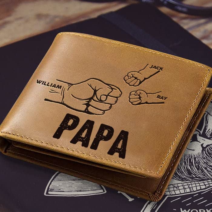 Nobelook Personalized Wallet for men with Fist Bump Custom Engraved 2-5 Names Mens Wallets Photo Bifold Leather Wallet Purse for Dad Papa Father Dad Husband Son BF (Fist Bump-PAPA)4