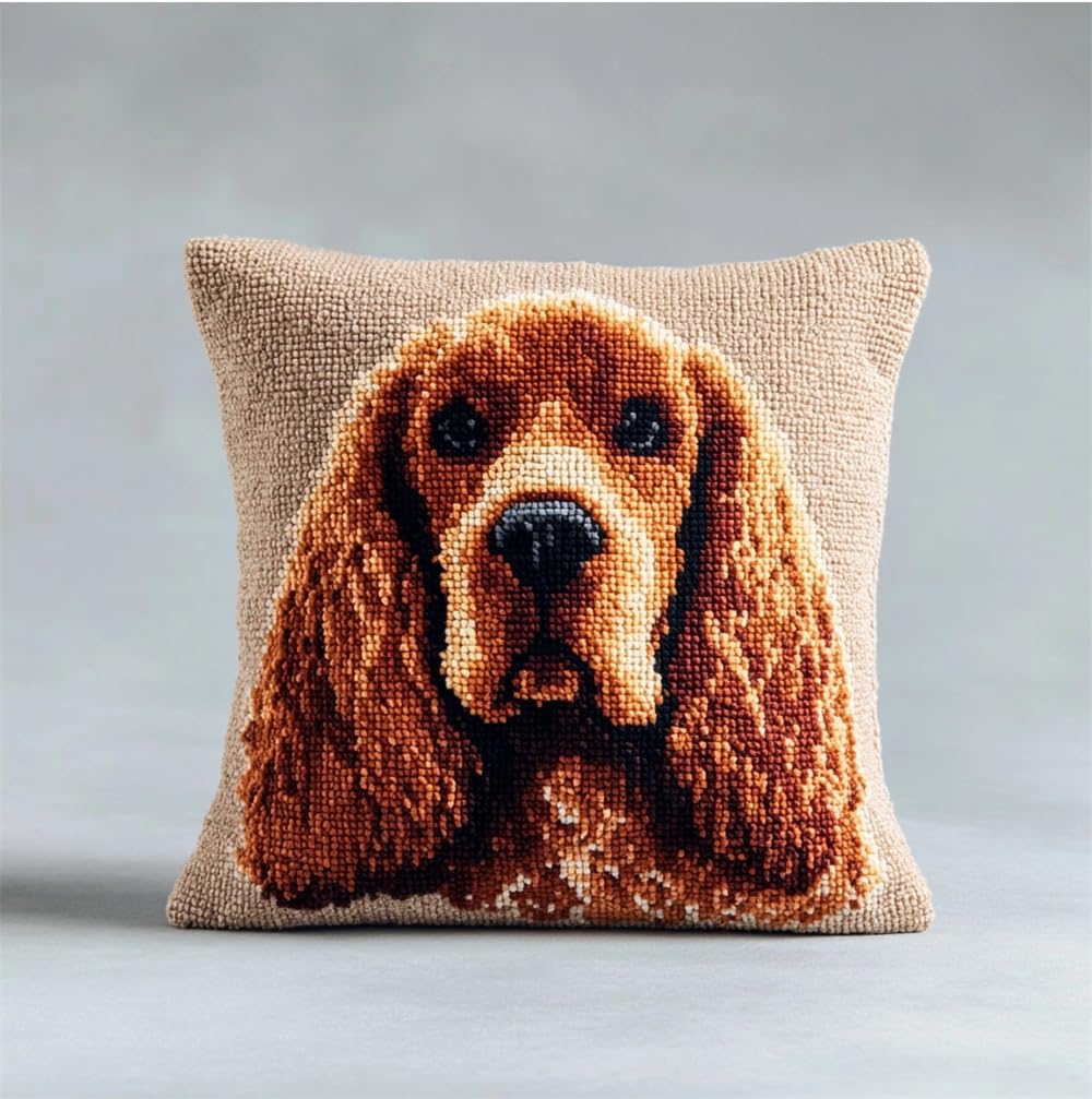 FWRTYCB Latch Hook Pillow Kit Brown Golden Dog Cocker Spaniel Crochet Yarn