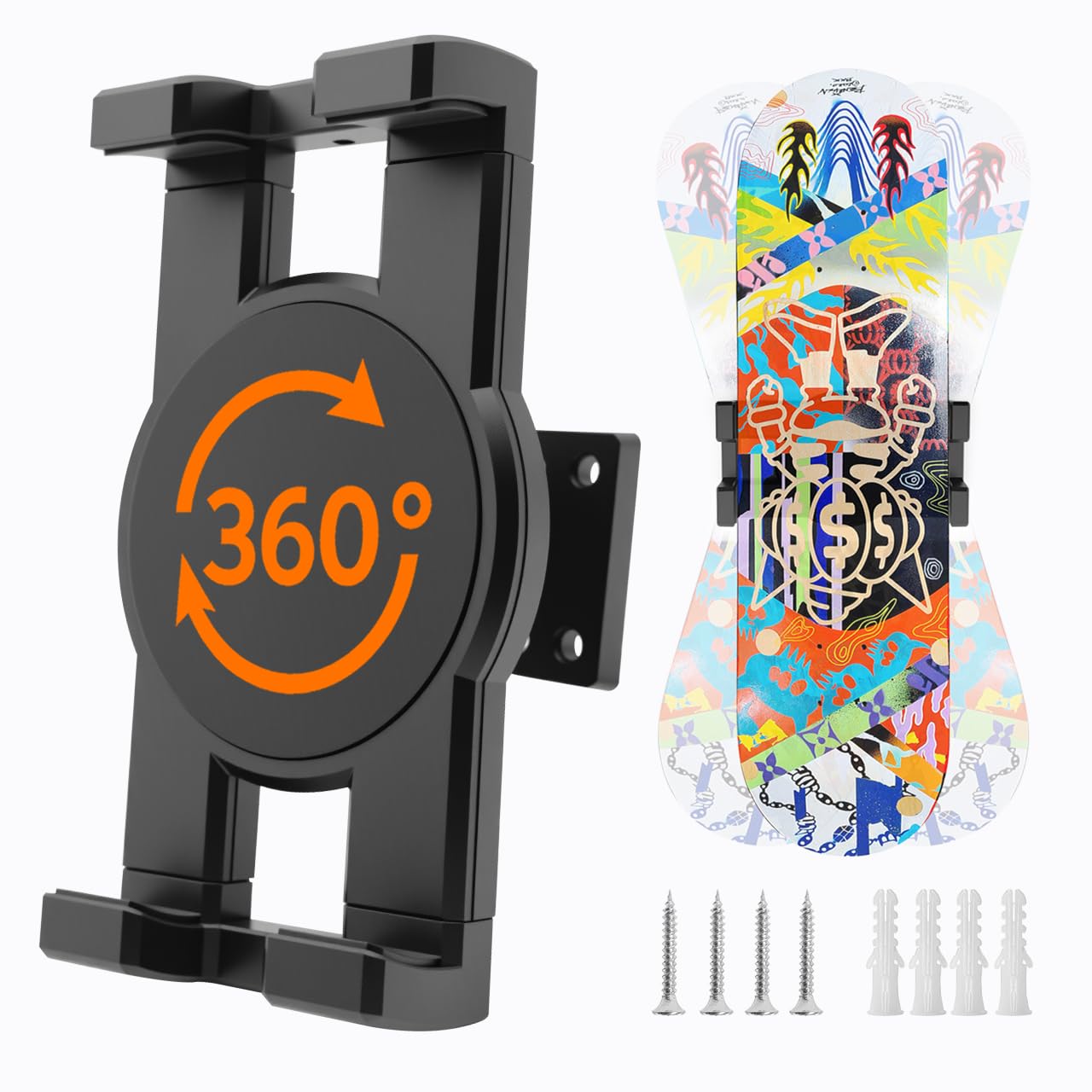 DYAUS 360° Rotating Skateboard Wall Mount, Extending Skateboard Wall Hanger, Universal Skate Board Wall Mounts Display, Space-Saving Longboard Deck Holder, Floating Skateboard Rack, Black