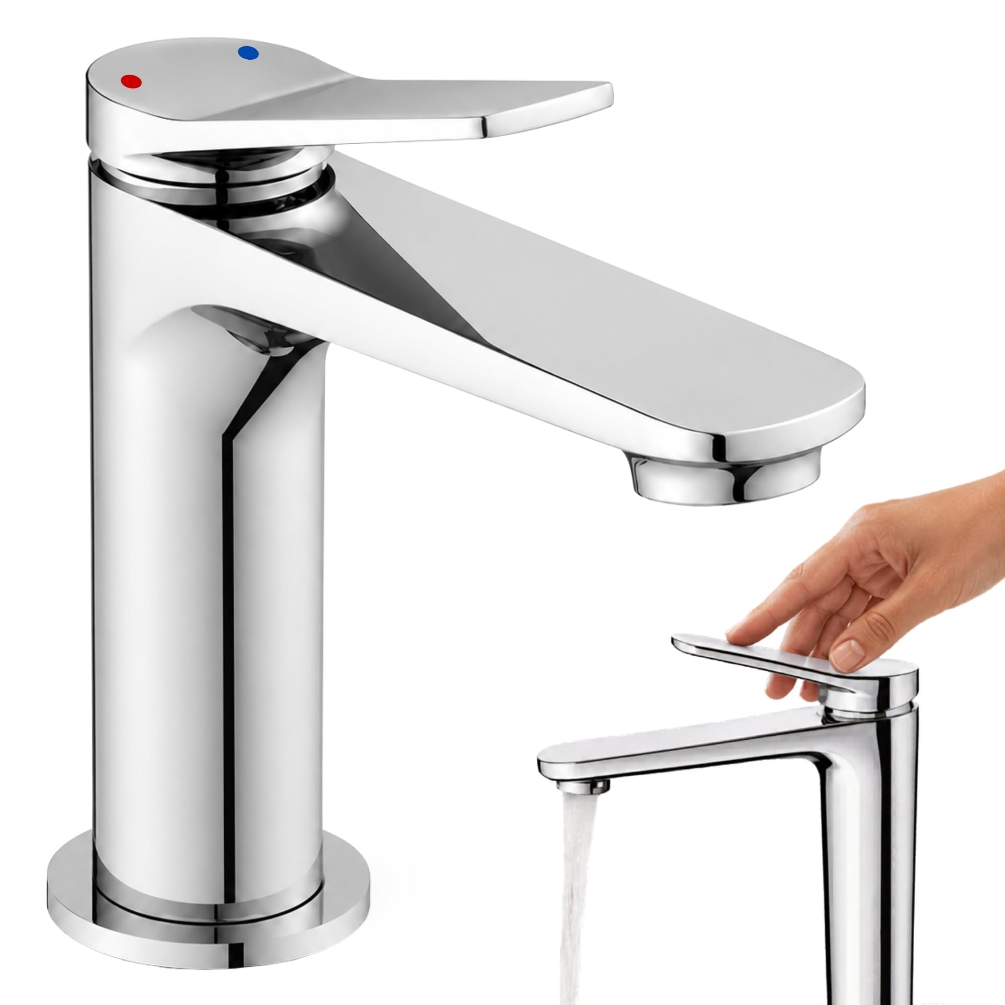 Grifo de Lavabo Monomando, Grifo Borras Colección Avance, con cartucho de doble step para el ahorro de energía y agua, Altura total de 138 mm, proyección del caño de 145 mm, acabado cromado