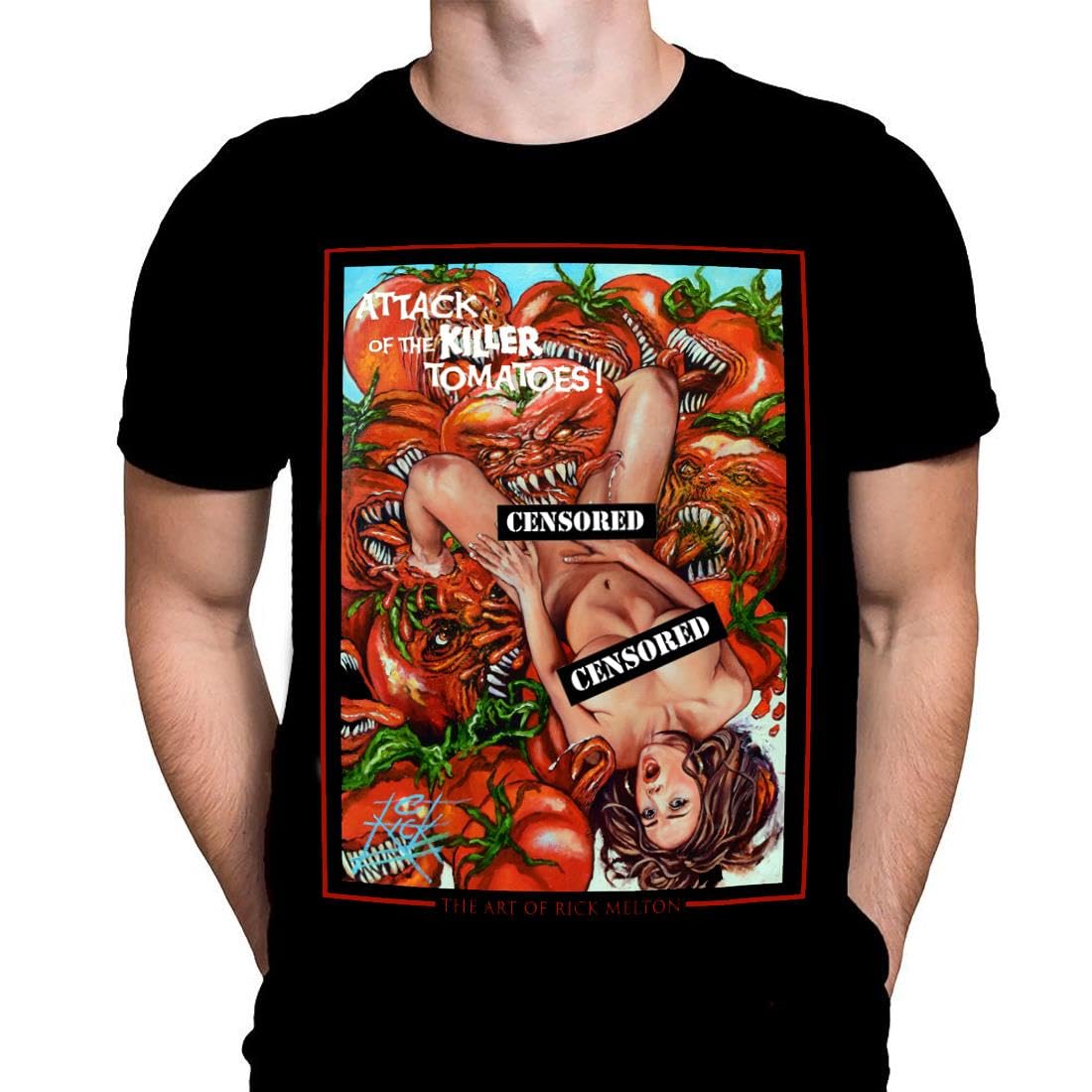 Attack of The Killer Tomatoes Mens T-Shirt Gothic Horror Print, Black Cotton T-Shirt, Movie Poster Tee by Rick Melton