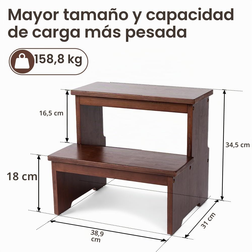 StrongTek Taburete de Bambú 2 Escalones Antideslizante | Escalón doble de bambú resistente con base de goma antideslizante para niños y adultos en baño, cocina o dormitorio