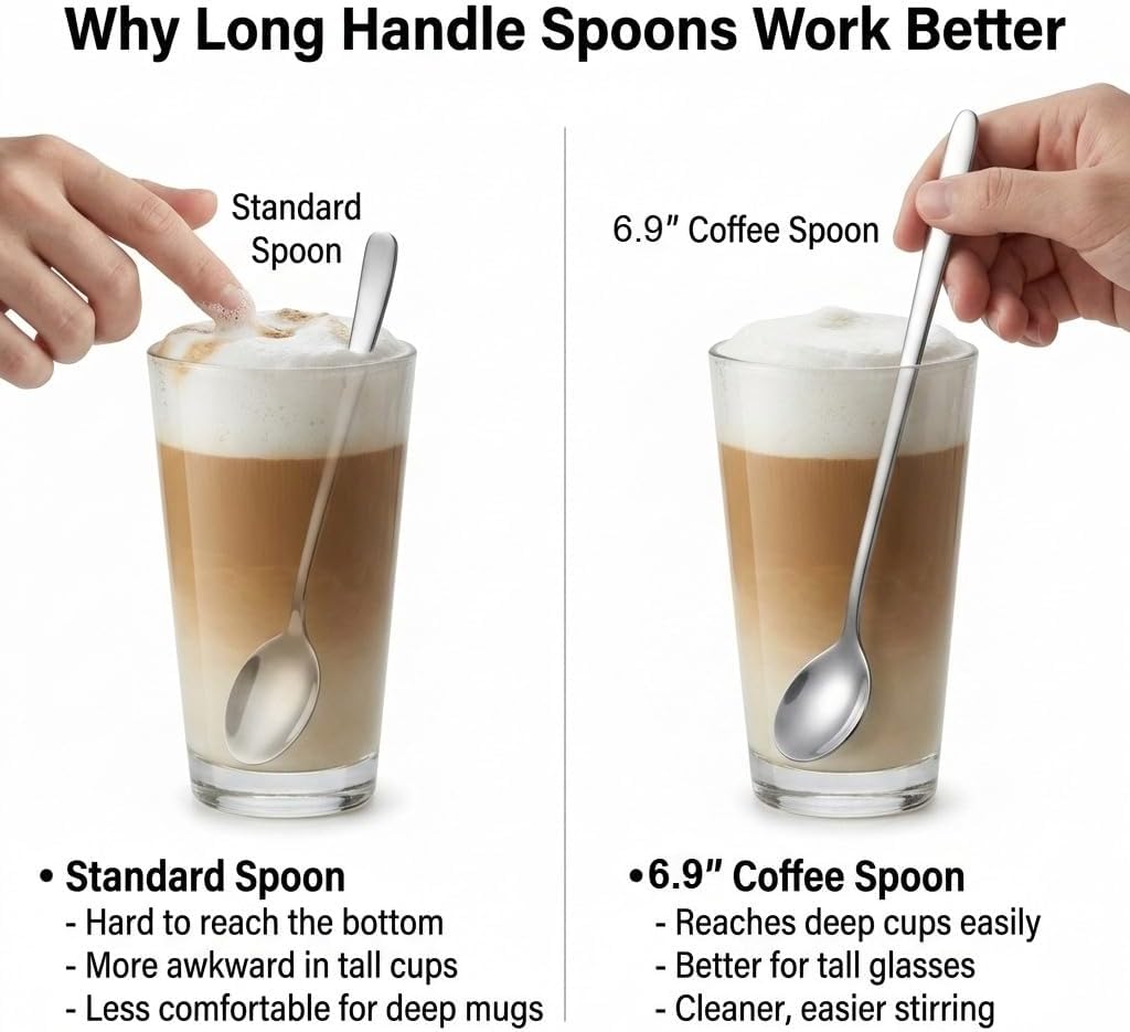 Iced Tea Spoons Set of 6, 6.9 Inch Long Handle Stainless Steel Stirring Spoons for Tall Glasses, Mason Jars, Mugs, Coffee, Latte, Espresso, Milkshakes, Smoothies, Yogurt & Dessert