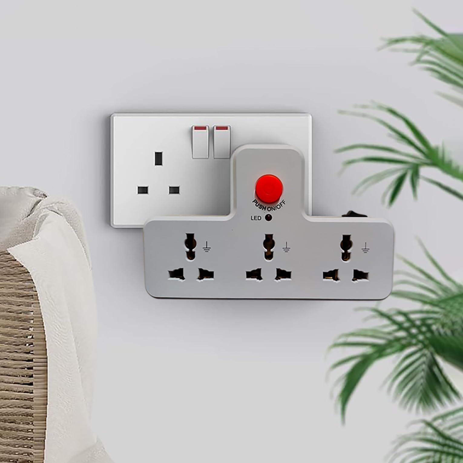 3-Way UK Multi Plug Travel Adapter with LED Night Lamp, Universal Sockets, White