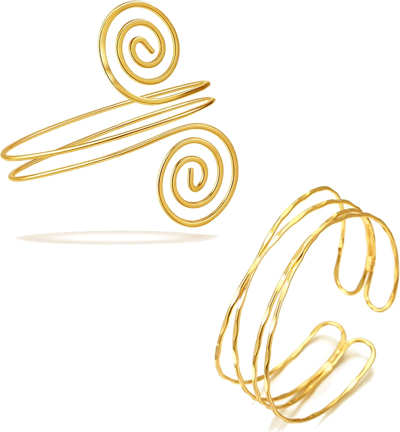 BROCC 2PCS Gold Coil Swirl Upper Arm Bracelet for Women Open Upper Arm Cuff Bangle Armlet Gold Silver Adjustable Armband Bracelet Set