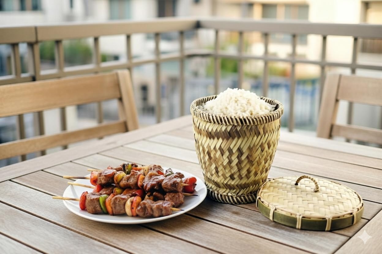 Thai Bamboo Sticky Rice Steamer Basket con coperchio e tazza, tradizionale contenitore in vimini intrecciato a mano per riso al vapore, supporto naturale per alimenti caldi e conservati per cucina