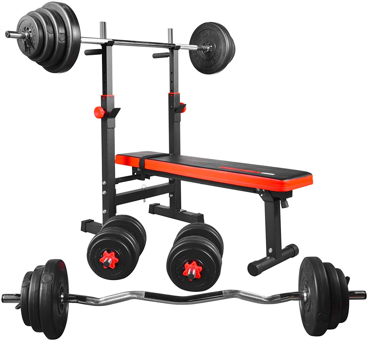 TrainHard BlackCombo ławeczka do podnoszenia ciężarów, wielofunkcyjna, składana i regulowana, z obciążeniem od 50 kg do 160 kg, długa sztanga krótka, sztanga łamana, np. wybór (z hantlami o wadze 50 kg)