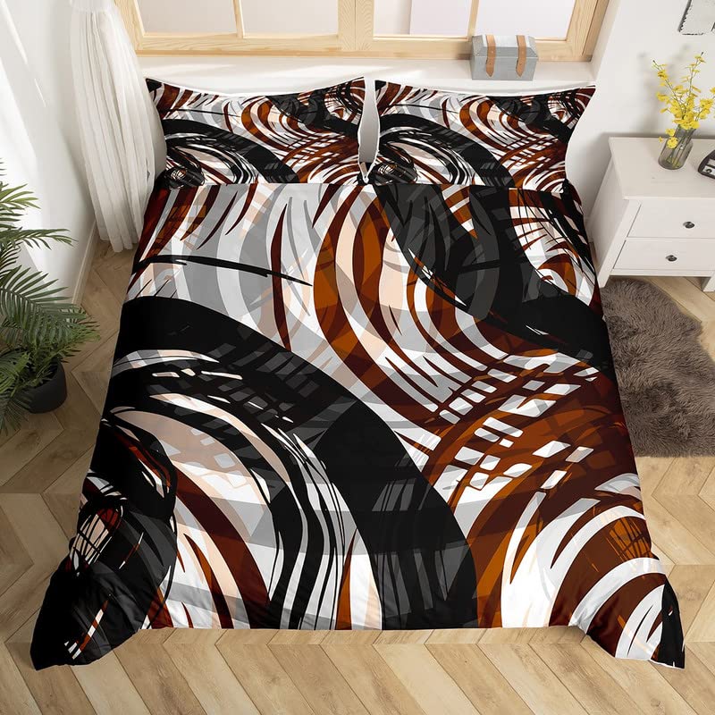 Modern Abstract Comforter Cover Set Double Size Brown Stripes Black Gray Bedding Set for Boys Girls Adults Retro Spiral Geometric Bedding Duvet Cover Set Bedspread Cover 3Pcs — image 1