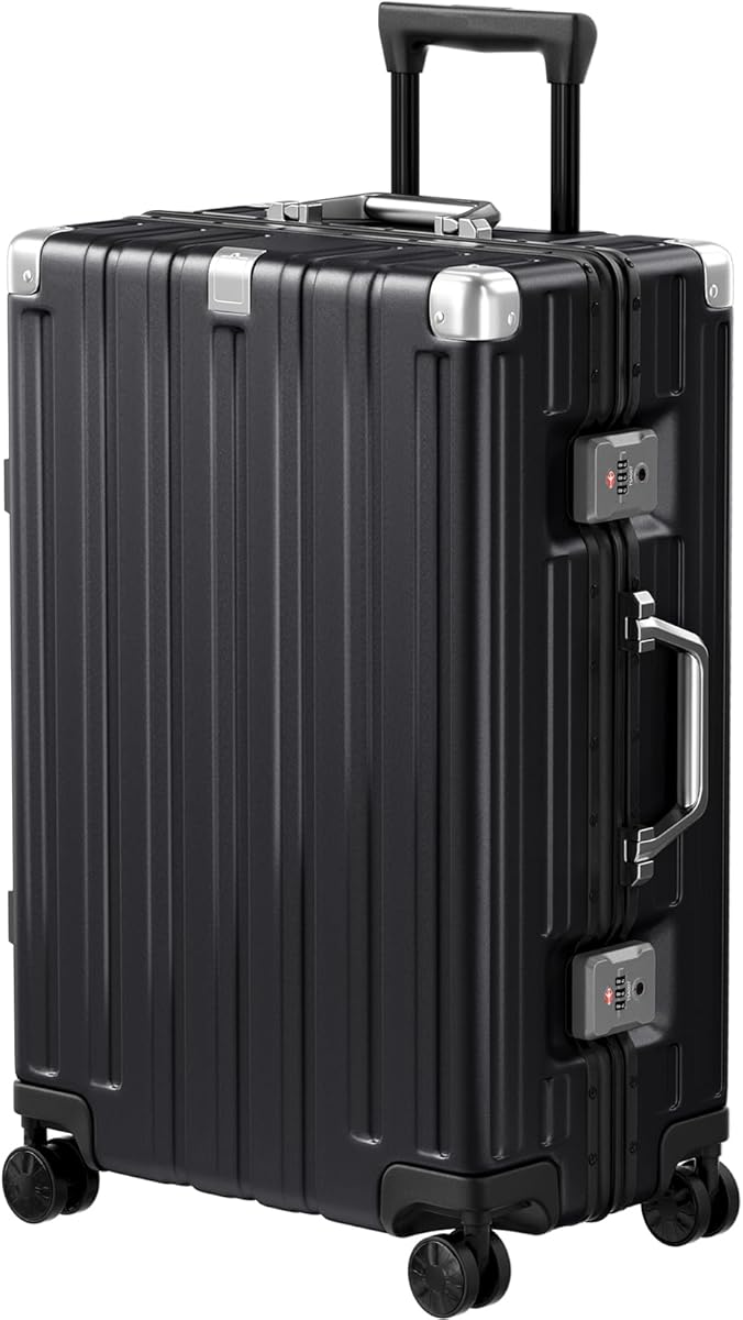 Krute Luggage PC+ABS Aluminum Frame Zipperless Checked Luggage Lightweight Hardshell Suitcase with TSA Lock Spinner Wheels 24 Inch Black