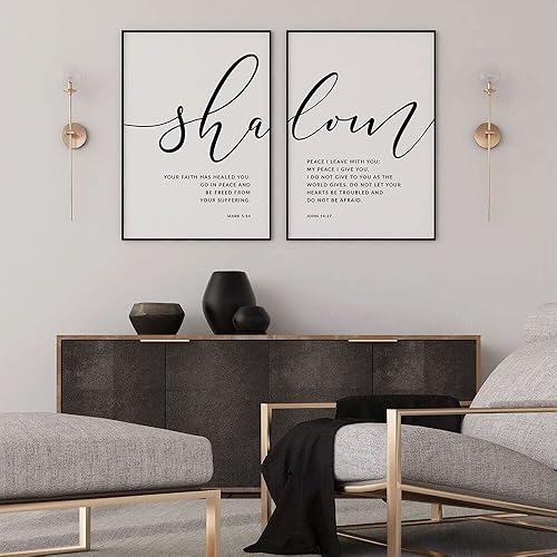 Miniatura 3 de NATVVA Póster de arte de pared con cita de versículo bíblico, impresiones en lienzo en blanco y negro Shalom, pintura cristiana, ilustración,