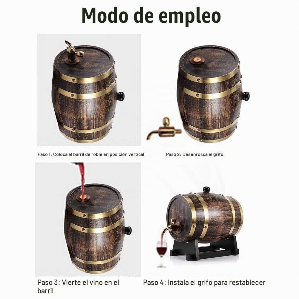 Barril de Roble Americano 3L Vino Whisky con Grifo y Soporte Negro