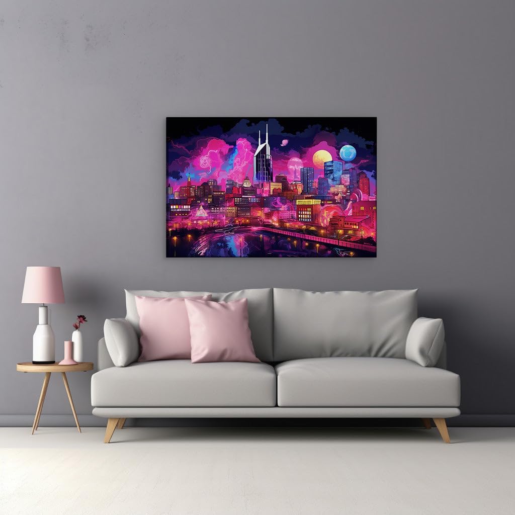 Canvas for Living room. Neon Dreams and Cosmic Gleams: A Digital Vision of Futuristic Nightscapes, 27 x 18 inch Canvas Wall Art - Space Wall Decor