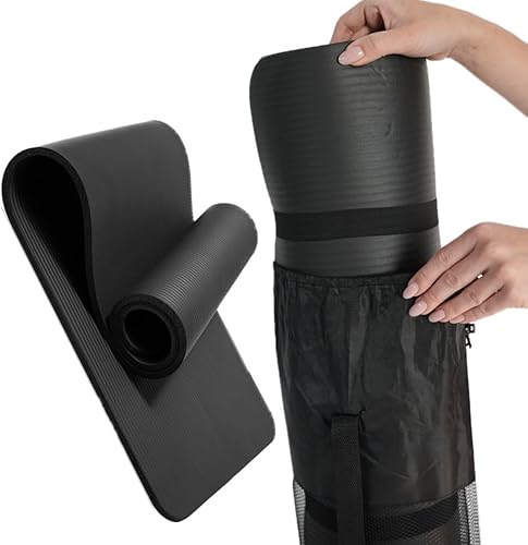 Esterilla de yoga negra gruesa multiusos de 12 pulgada de grosor de alta densidad antidesgarros, esterilla de yoga (negro) con bolsa de transporte