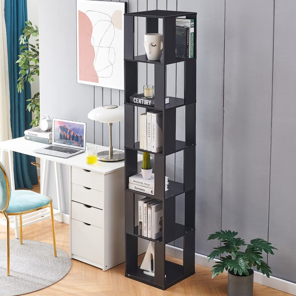 190cm Bücherregal, Drehbares Bücherregal, 6 Stufe Drehregal, Dekoregal Hohes Standregal für Wohnzimmer Ecke, aus MDF (Schwarz)