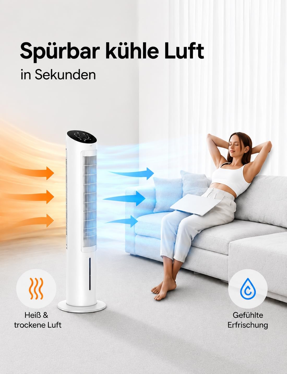 DREO Turmventilator mit Kühlung leise, Ventilator mit Wasserkühlung, 102 cm Luftkühler, Verdunstungskühler mit 80° Schwenkfunktion, 3 Modi, 4 Geschwindigkeiten, Fernbedienung, Weiß
