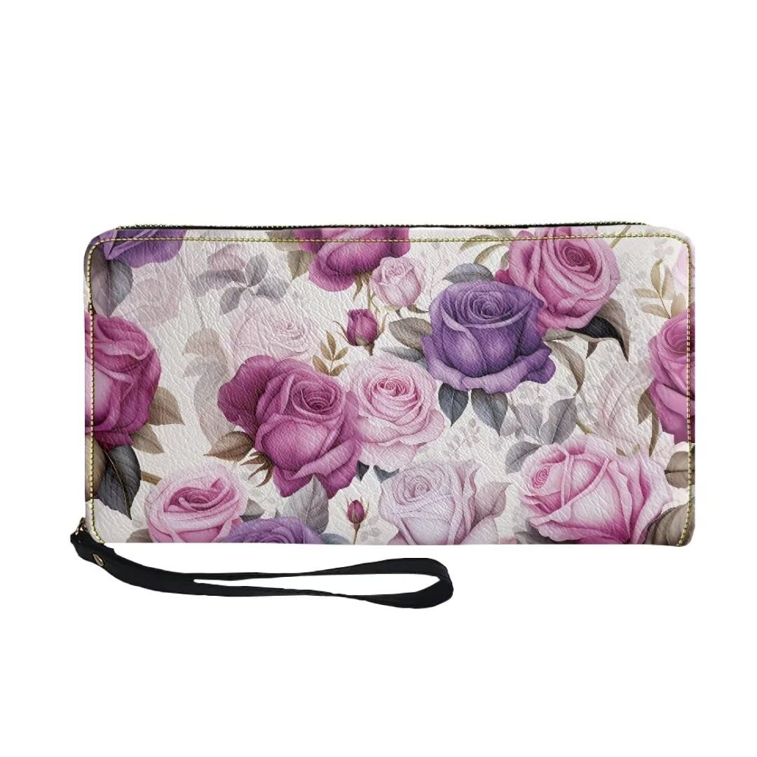 Tiasarato Fashion Leather Wallet Pink Purple Rose Long Purse Large Credit Card Clutch Wallets for Women Ladies Portable Storage Bag