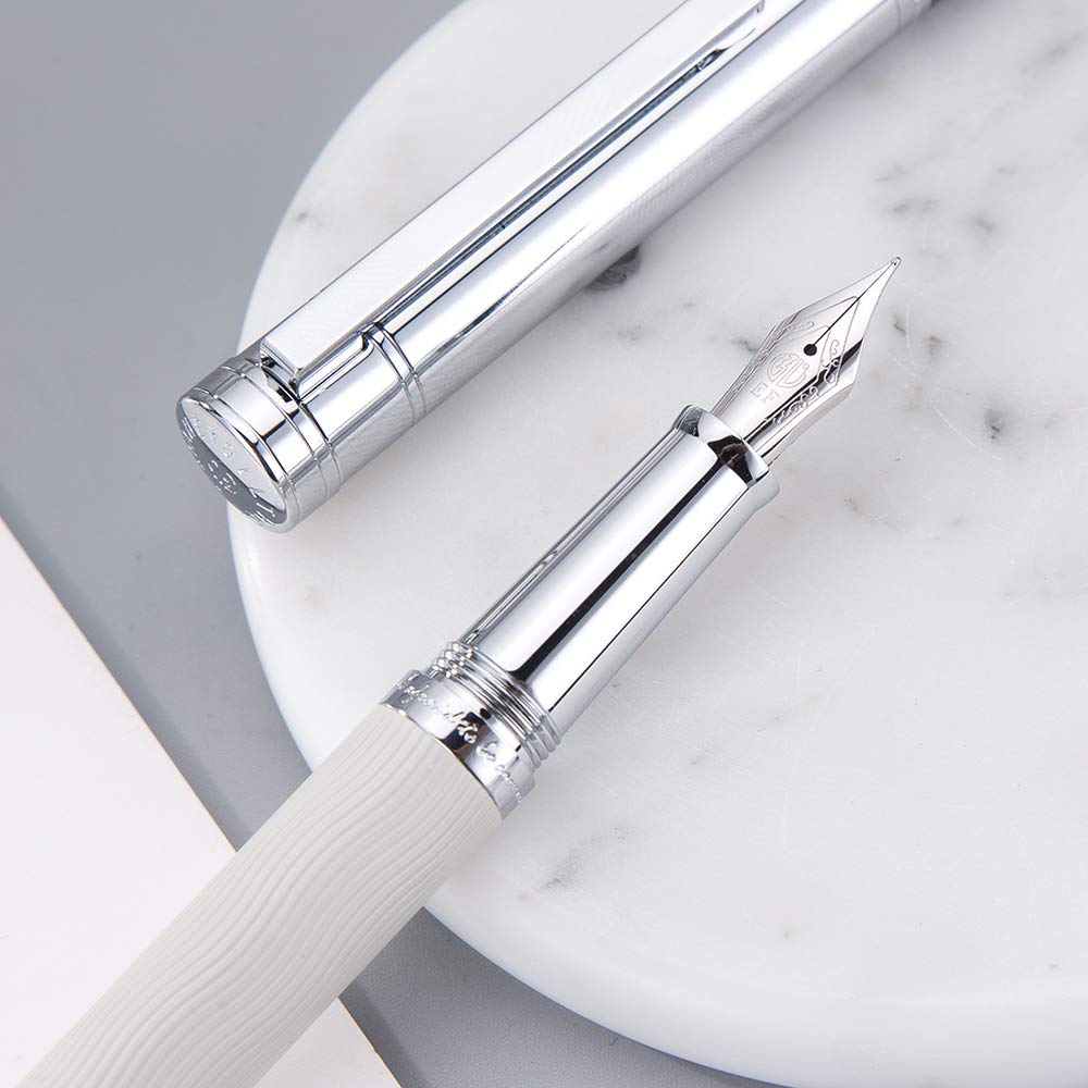 HongDian Stylo-plume classique en acier inoxydable avec motif vague blanche, pointe fine iridium, étui en métal et convertisseur d'encre