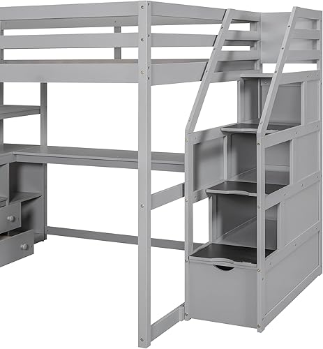 Miniatura 7 de Quarte Cama loft multifuncional cama loft de tamaño matrimonial con escritorio integrado en forma de L y estantes de almacenamiento de tres niveles