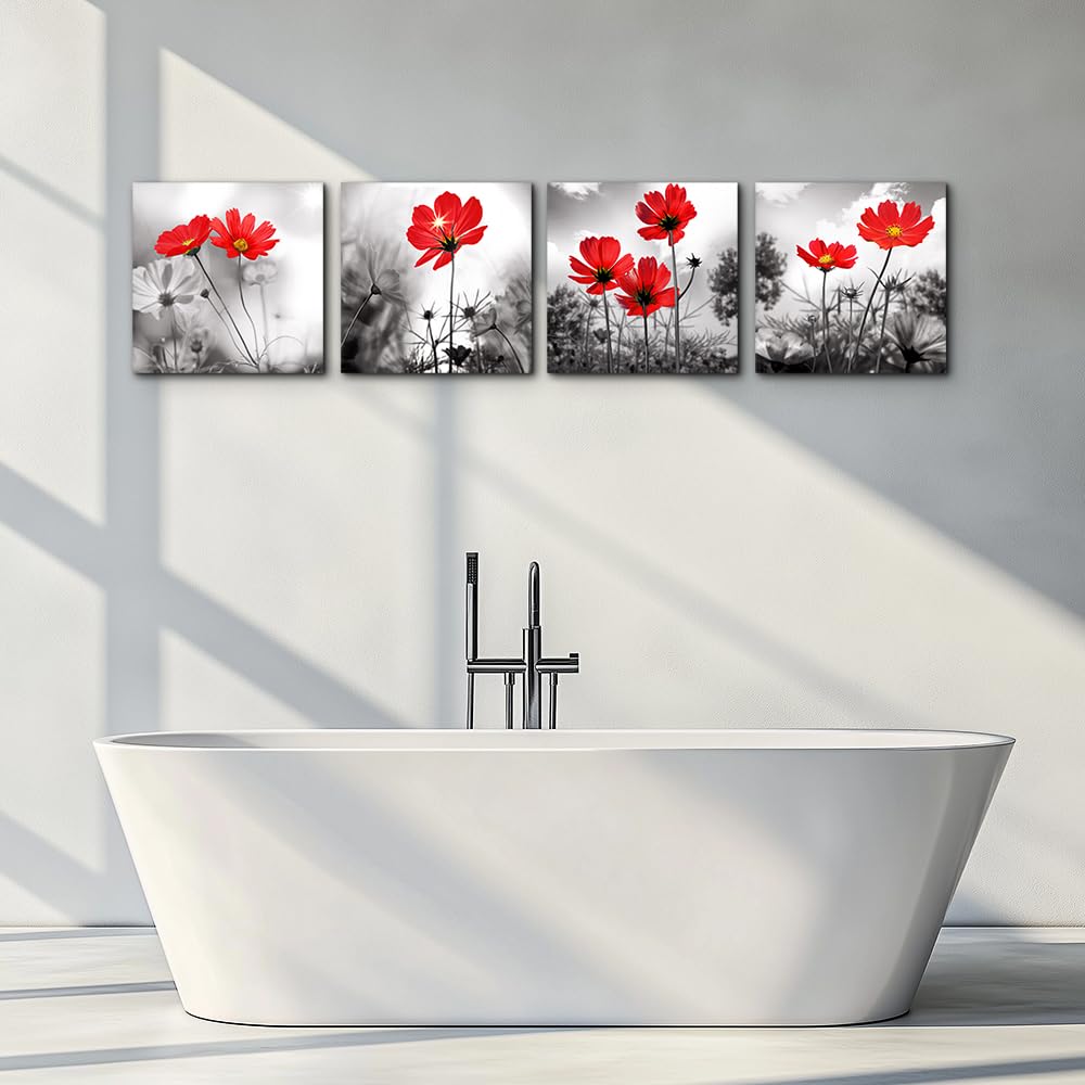 hyidecorart Canvas Wall Art Contemporary Simple Life Red Flowers Floral Painting for Home Bedroom Decor - 4 Panels Modern Artwork Prints HD Pictures for Living Room Bathroom Decor 12"x12"Inch 2