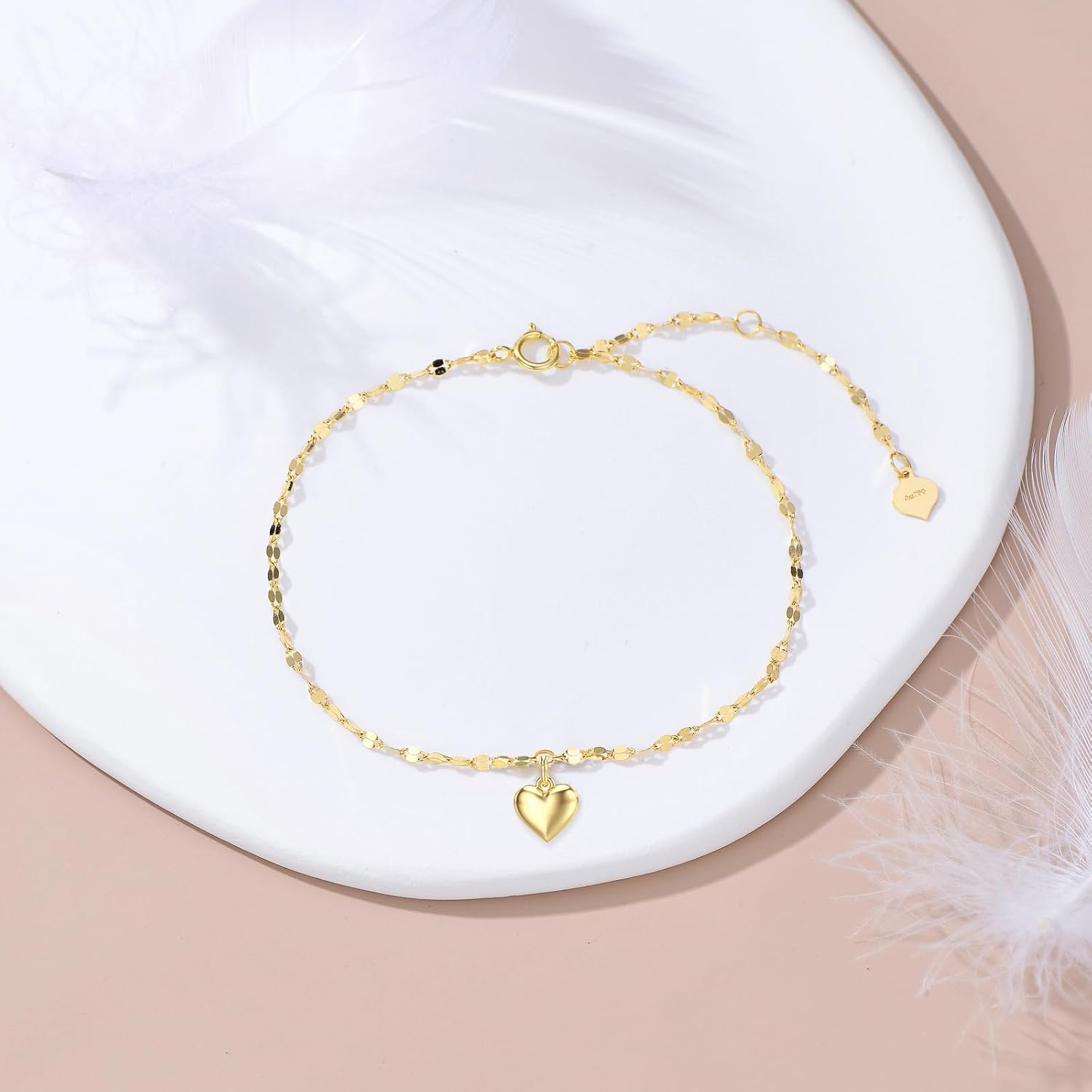 SISGEM Real 14k Gold Puff Heart Anklet for Women, Love Ankle Bracelet Foot Jewelry Gifts for Her, 9+1+1 Inch