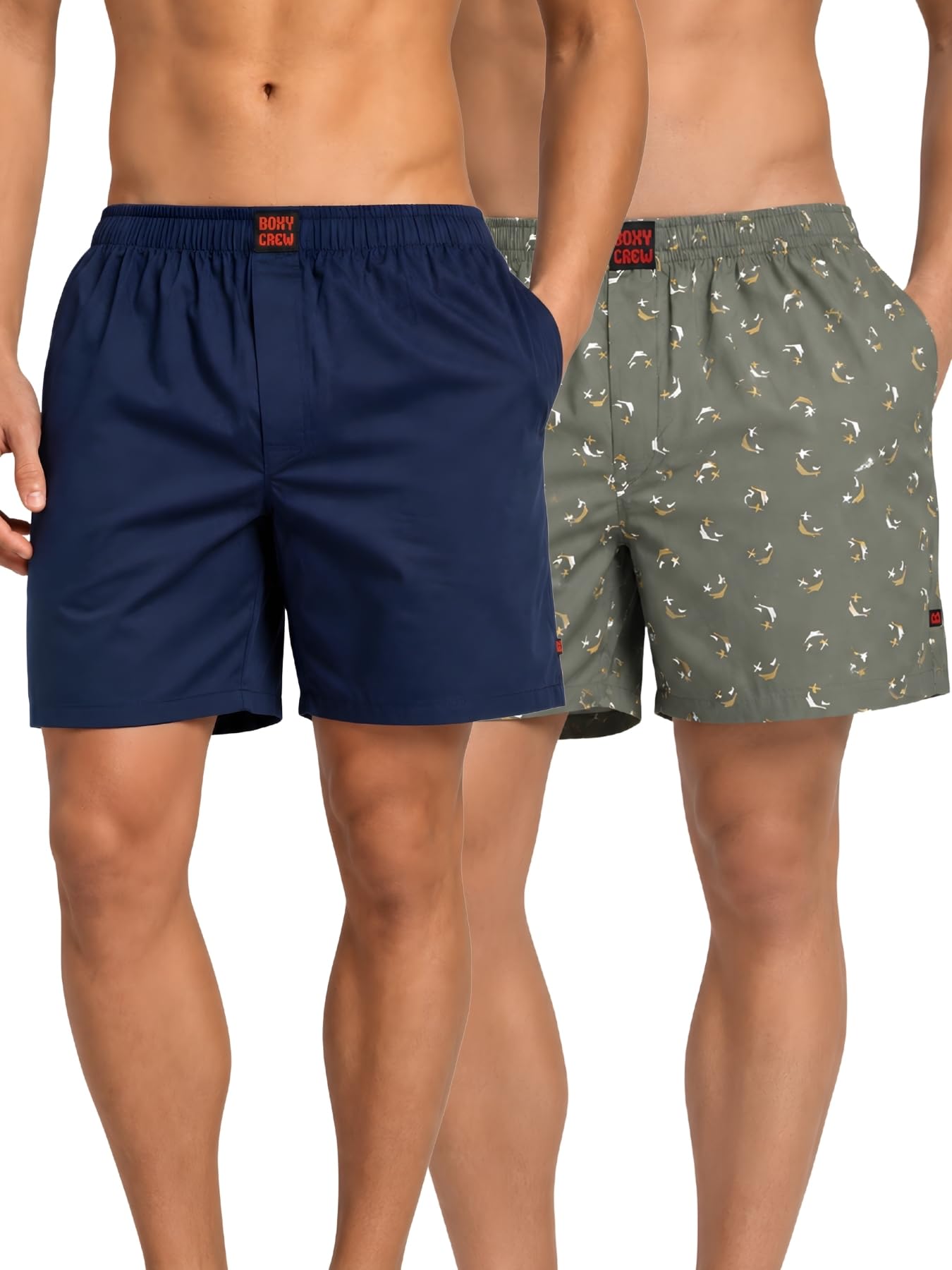 boxy crew Men Boxer Shorts Pack of 2, 100% Cotton Woven Boxers, Navy Blue & Green, Solid & Printed Designs, Dual Side Pockets, No-Marks Inner Elastic Waistband, Relaxed Lounge & Sleep Shorts-picture-43