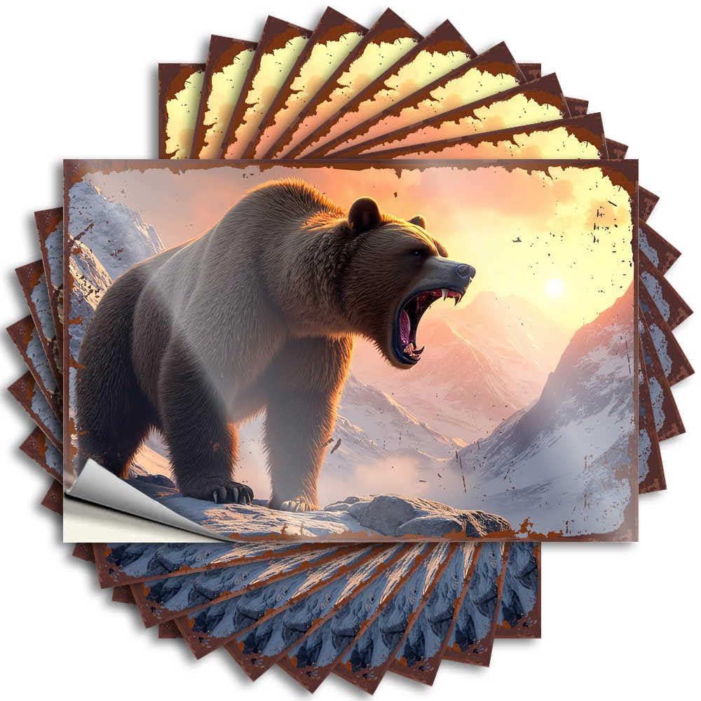 Decal Small, Antimicrobial Window Roaring Bear in Snowy Mountain Sunset | Stuff for Teens(6X9CM)