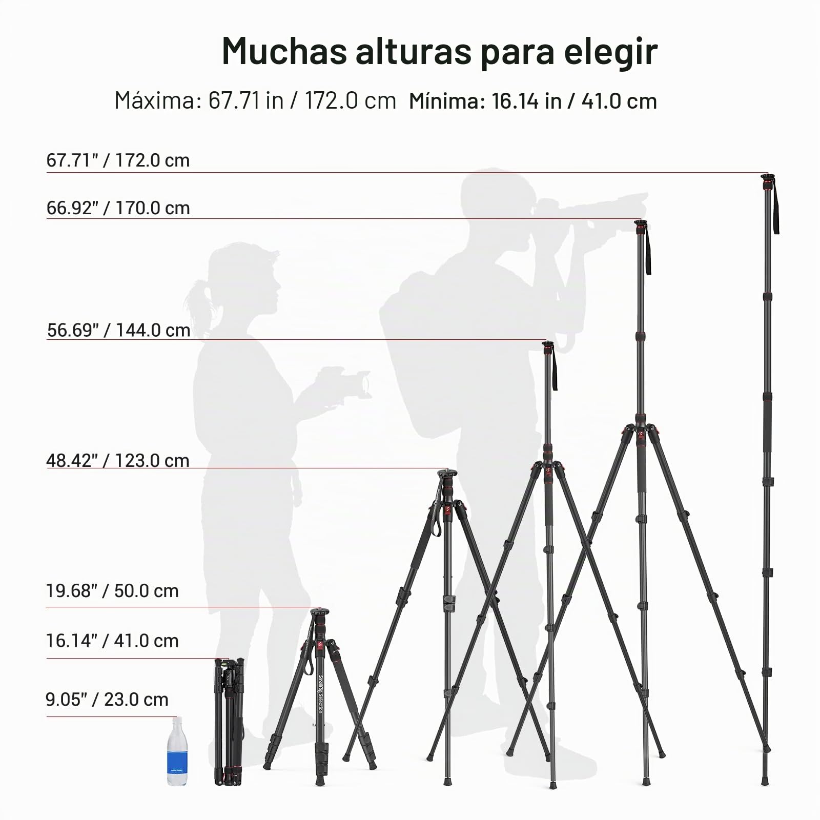 SMALLRIG Trípode para Cámara de 68", Trípode y Monopié de Aluminio Plegable, Compatible con Cabezal de Video de 1/4"-20 y 3/8"-16, Carga de 33 LB, Altura Ajustable de 19.7" a 67.7" - 3983