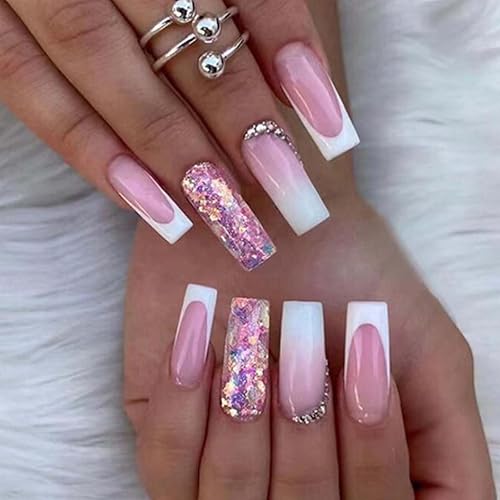 Uñas postizas largas tipo ataúd, uñas francesas blancas a presión, puntas de uñas degradadas, uñas postizas acrílicas con purpurina para mujeres y