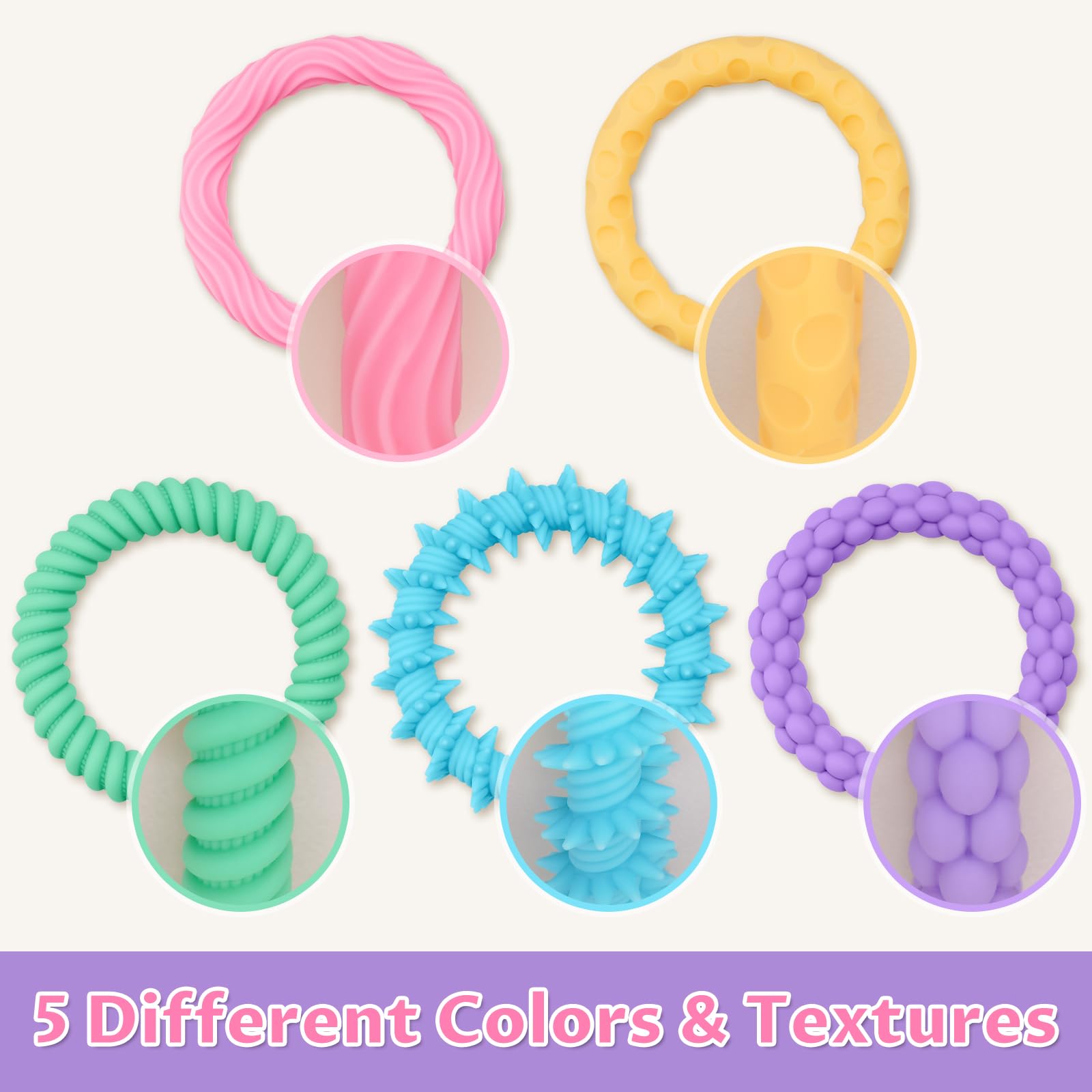 NiToy 5-Pack Macaron Colors Silicone Stretchy Bracelet Fidget Toys for Kids, Textured Design Sensory Chew Toys for Anxiety Relief and Focus, Wearable Stress Relief Band Toys for Toddlers and Children - Image 3