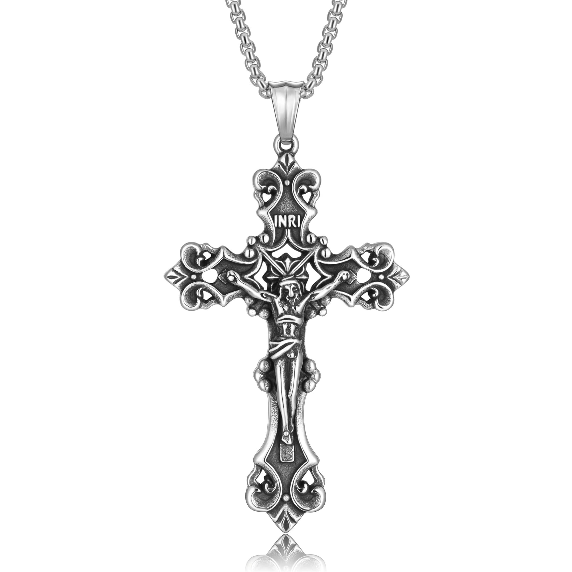 HEXALOVA Cross Necklace for Men Silver Cross Chain Stainless Steel Pendant for Women Goth Necklace Gothic Christian Jewelry