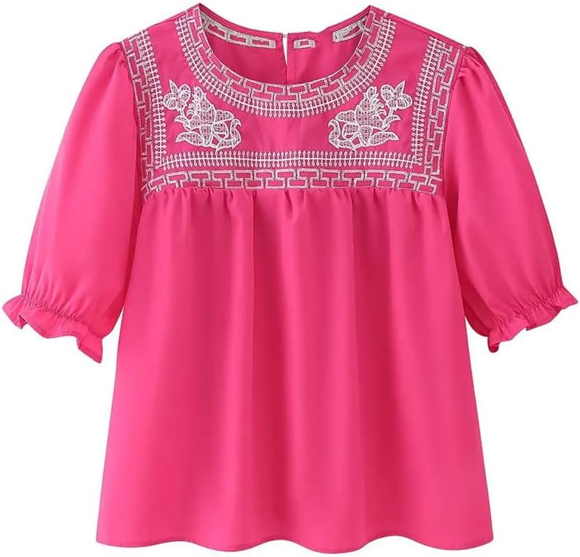 Women's Chinese Style Embroidery Round Neck Short Sleeve Back Collar Button Shirt