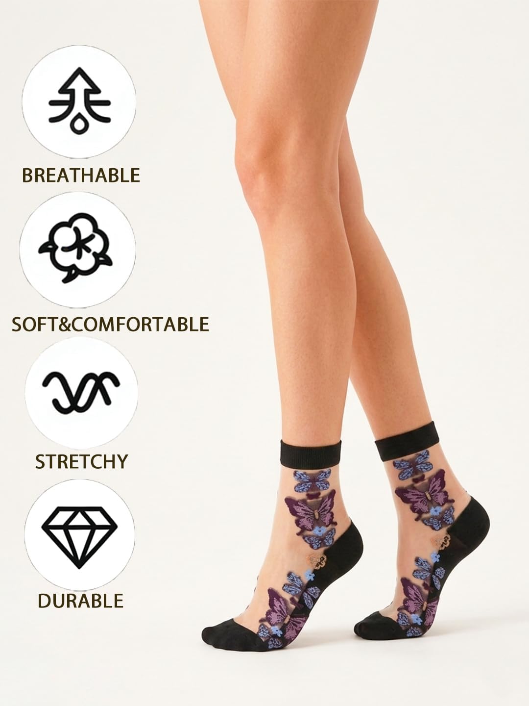 Women Sheer Socks Butterfly Sheer Ankle Socks Patterned See Through Sock(6 Pairs)