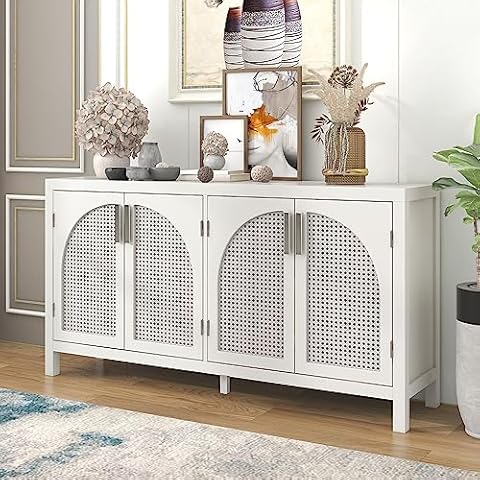 COALA HOLA Rattan Sideboard Buffet Cabinet, Accent Credenza Storage Cabinet with Natural Decorated Doors, Console Table for Home Hallway (White) Cover