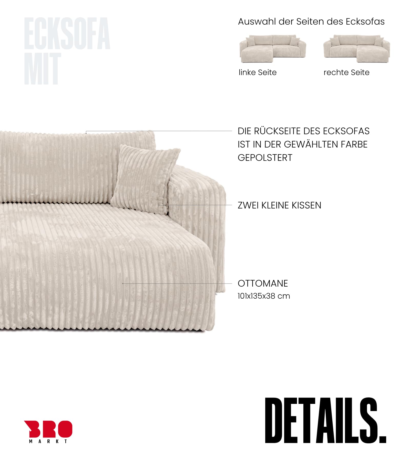 BROMARKT Ecksofa mit Schlaffunktion und Bettkasten 125x200cm L Crème | Schlafsofa mit Stauraum und Kissen Eckcouch Sofa für Wohnzimmer Wohnlandschaft 3 Sitzer Universell freistehend Couch TILIO