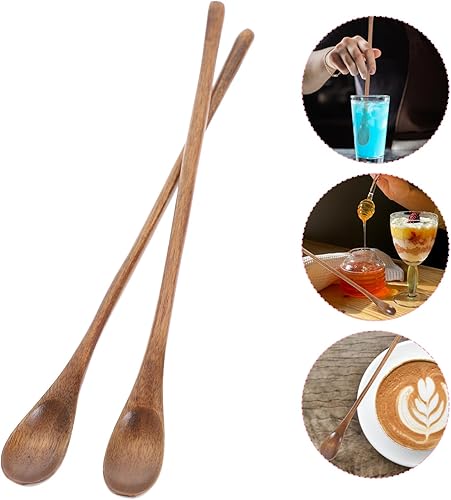 Miniatura 5 de Operitacx 4 cucharas de madera, cucharas de mezcla de madera de mango largo a granel, cucharas de té largas para cuchara de miel, mezcla, agitar,