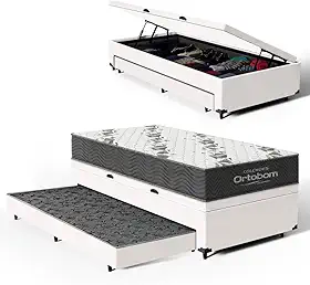 Bicama Box Baú Solteiro com Colchão de Espuma D33 Ortobom Airtech 100 + Auxiliar Unique 88cm (Branco)